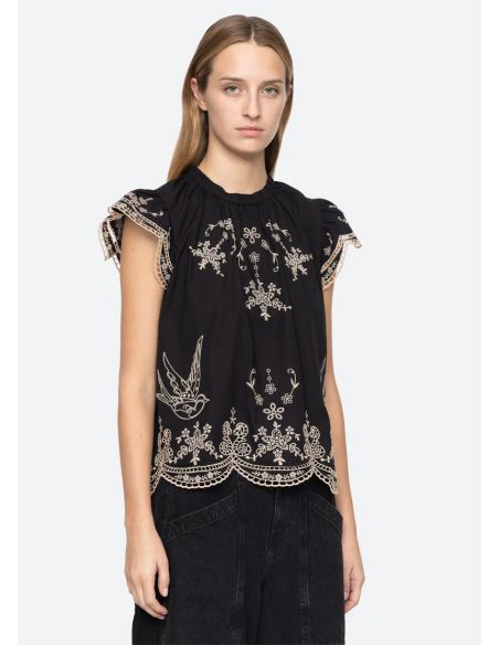 TOP KINGSLEY EMBROIDERY FLUTTER SLV BLACK