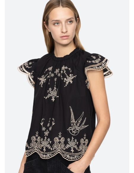 TOP KINGSLEY EMBROIDERY FLUTTER SLV BLACK