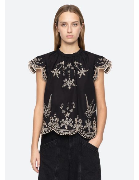 TOP KINGSLEY EMBROIDERY FLUTTER SLV BLACK