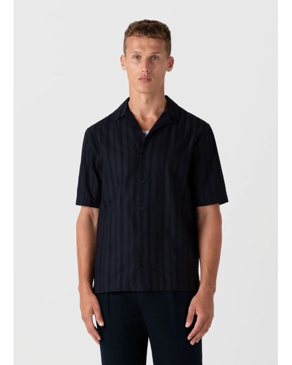 NAVY BLUE STRIPED CUBAN COLLAR SHIRT