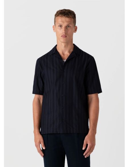 NAVY BLUE STRIPED CUBAN COLLAR SHIRT
