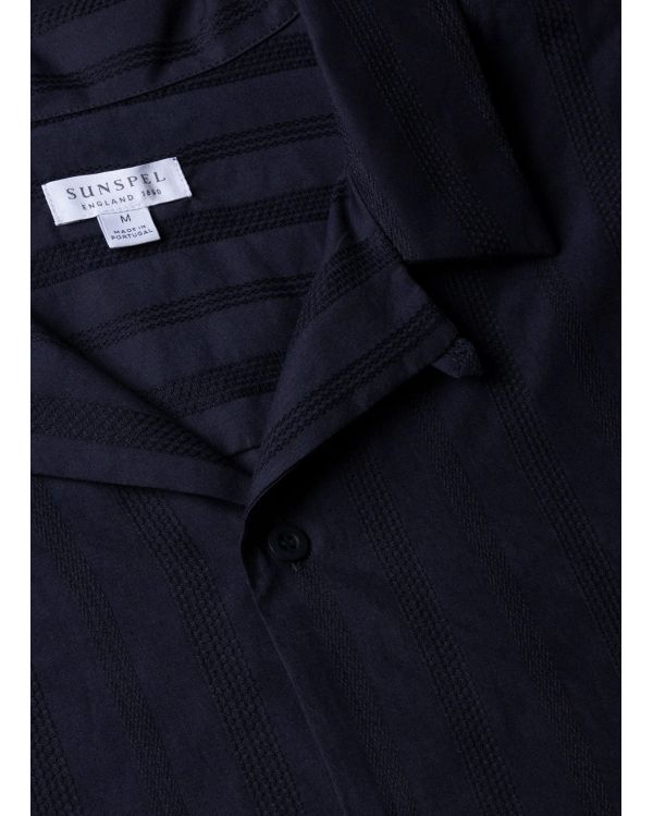 NAVY BLUE STRIPED CUBAN COLLAR SHIRT