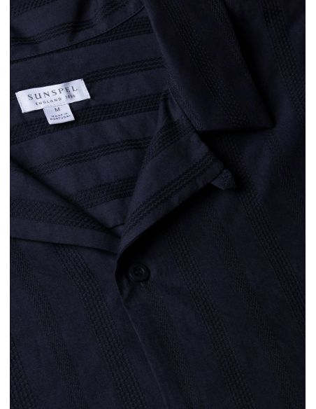 NAVY BLUE STRIPED CUBAN COLLAR SHIRT