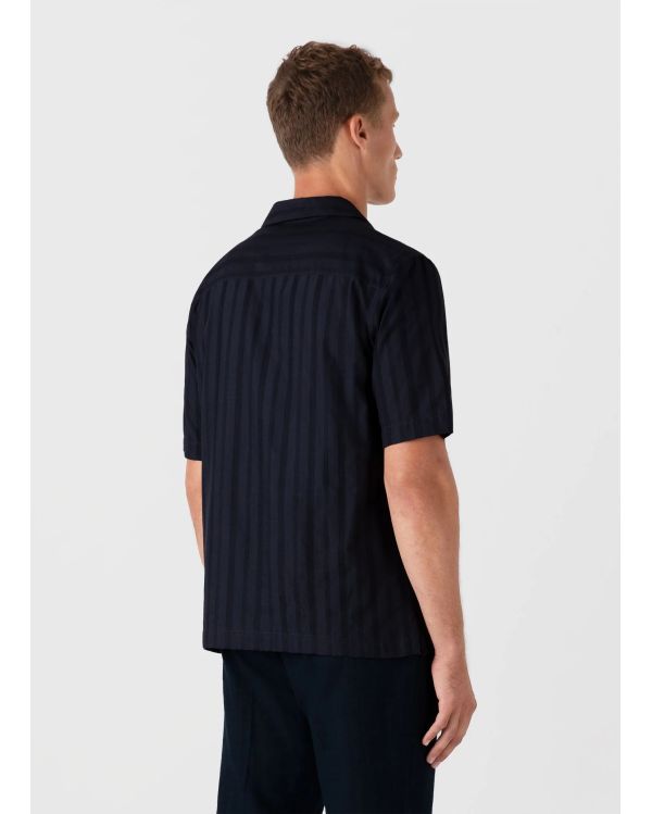 CHEMISE COL CUBAIN A RAYURES BLEU MARINE