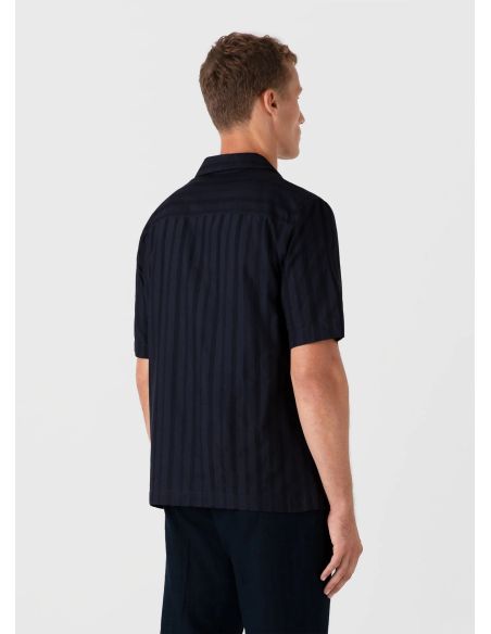CHEMISE COL CUBAIN A RAYURES BLEU MARINE