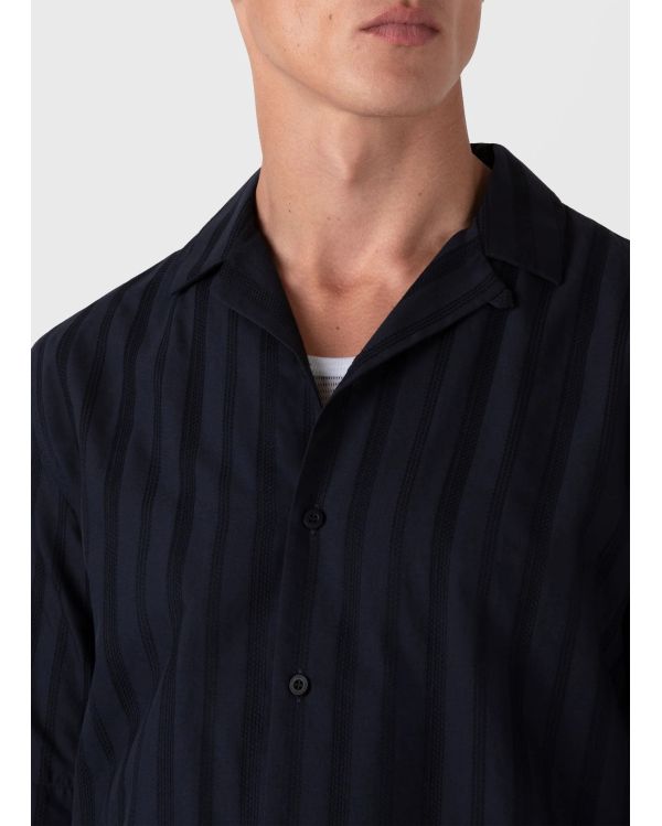 NAVY BLUE STRIPED CUBAN COLLAR SHIRT