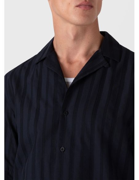 CHEMISE COL CUBAIN A RAYURES BLEU MARINE
