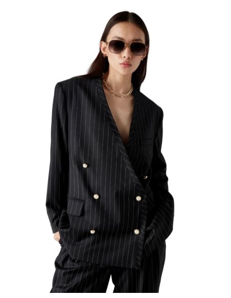 WOOL PINSTRIPE OVERSIZED BLAZER BLACK