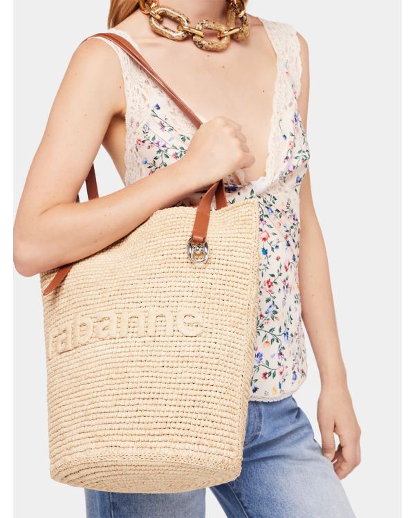 SAC CABAS EN RAPHIA BEIGE AVEC LOGO 