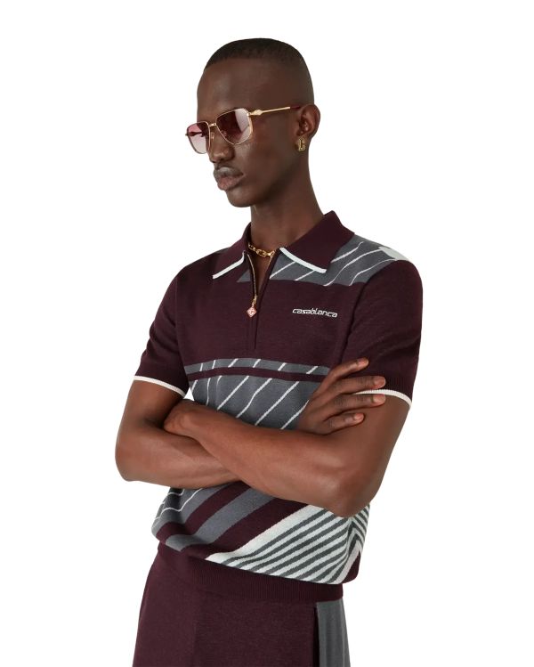 MERINO WOOL DIAGONAL TENNIS POLO IN BURGUNDY