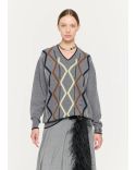 ARGYLE CASHMERE V-NECK KNIT SWEATER GRIS