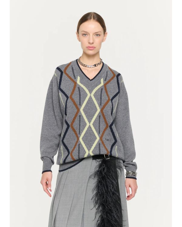 ARGYLE CASHMERE V-NECK KNIT SWEATER GRIS