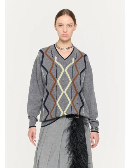 PULL TRICOT ARGYLE CACHEMIRE COL V GRIS