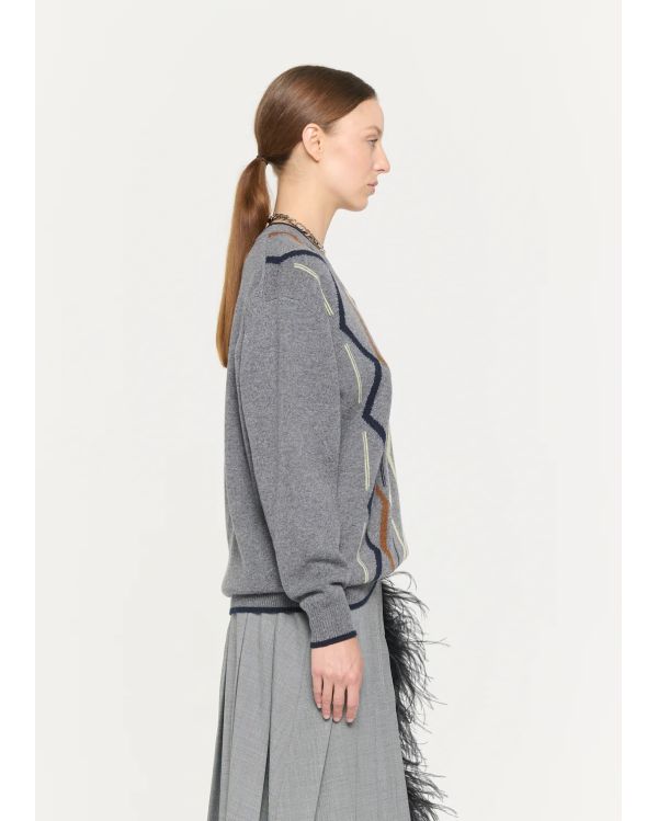 ARGYLE CASHMERE V-NECK KNIT SWEATER GRIS