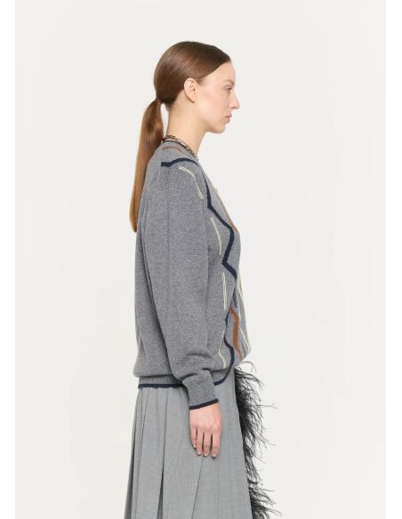 ARGYLE CASHMERE V-NECK KNIT SWEATER GRIS