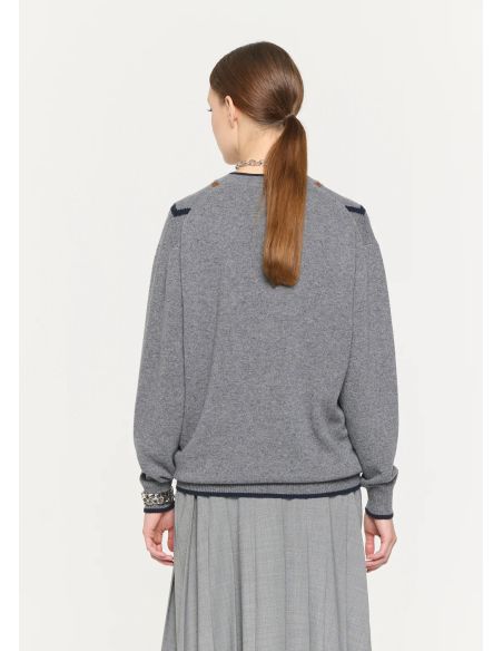 ARGYLE CASHMERE V-NECK KNIT SWEATER GRIS