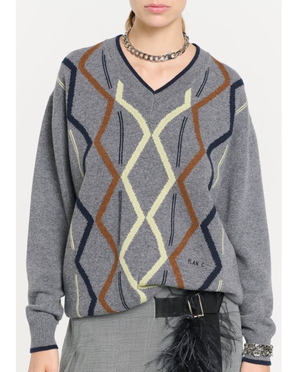 PULL TRICOT ARGYLE CACHEMIRE COL V GRIS