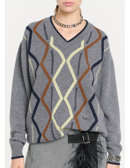 ARGYLE CASHMERE V-NECK KNIT SWEATER GRIS