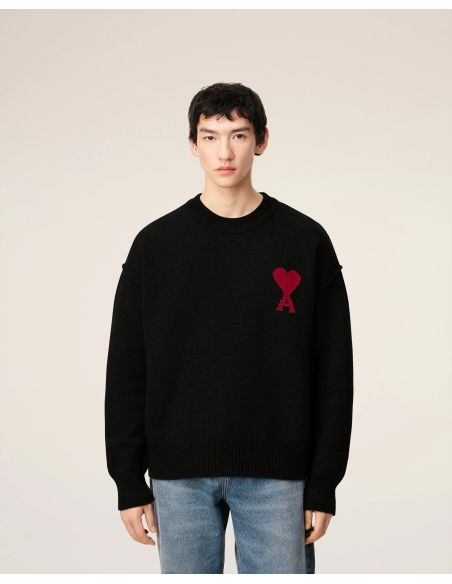 PULL COL ROND AMI DE COEUR LAINE MERINOS NOIR/ROUGE