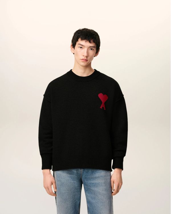 PULL COL ROND AMI DE COEUR LAINE MERINOS NOIR/ROUGE