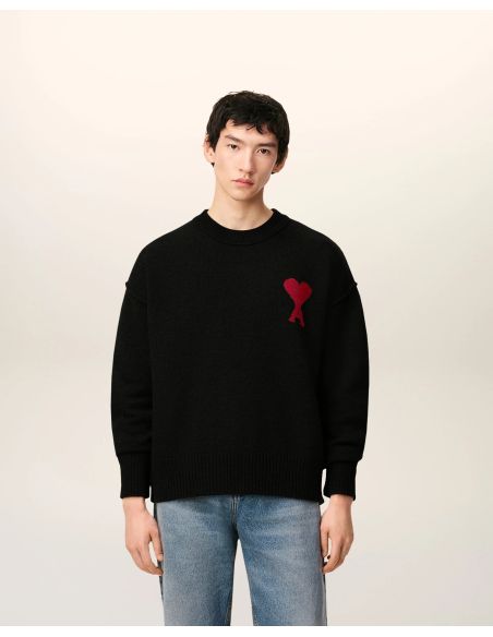 PULL COL ROND AMI DE COEUR LAINE MERINOS NOIR/ROUGE