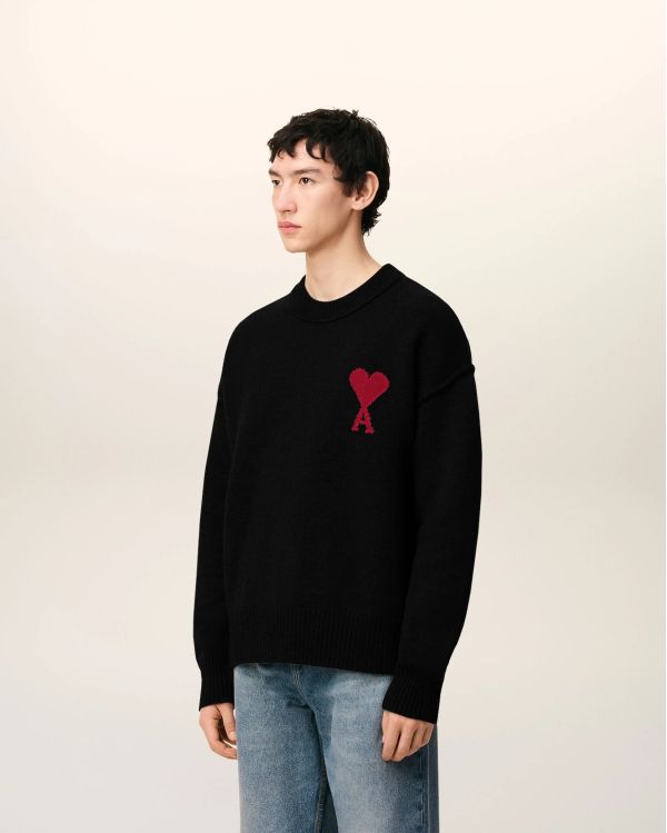 PULL COL ROND AMI DE COEUR LAINE MERINOS NOIR/ROUGE