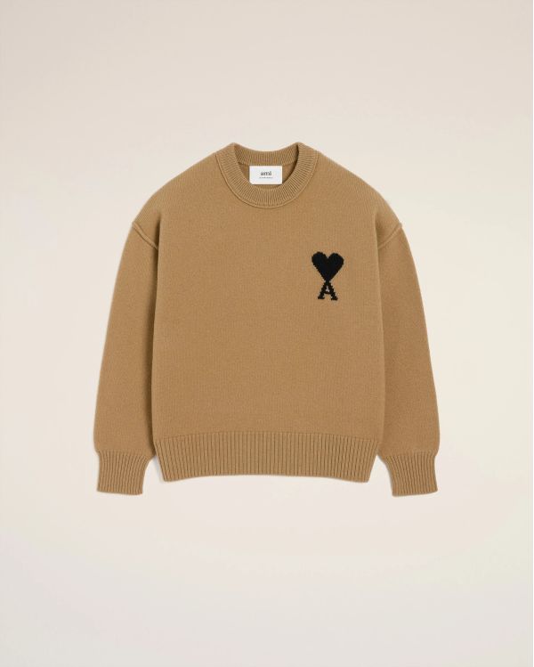 CAMEL/BLACK FELTED MERINO WOOL AMI DE COEUR ROUND NECK SWEATER