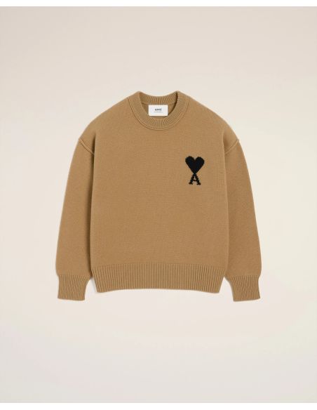 PULL COL ROND AMI DE COEUR LAINE MERINOS FEUTRÉE CAMEL/NOIR