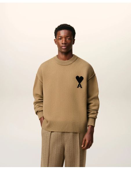 CAMEL/BLACK FELTED MERINO WOOL AMI DE COEUR ROUND NECK SWEATER
