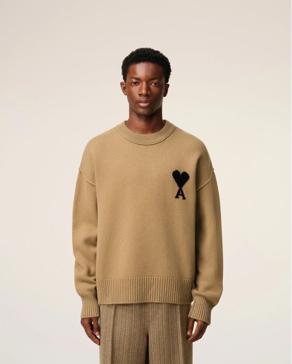 CAMEL/BLACK FELTED MERINO WOOL AMI DE COEUR ROUND NECK SWEATER