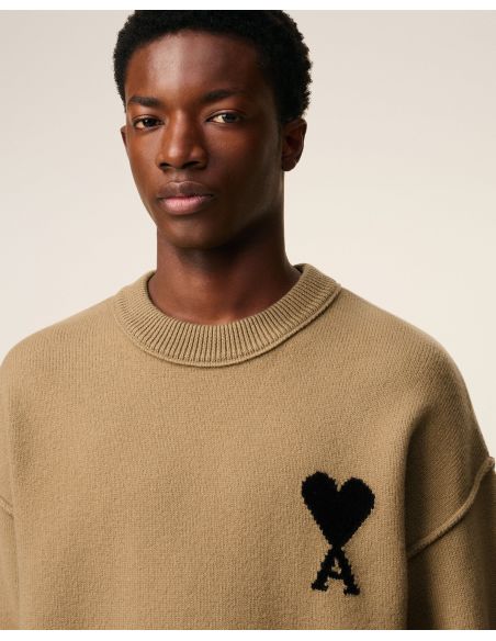 PULL COL ROND AMI DE COEUR LAINE MERINOS FEUTRÉE CAMEL/NOIR