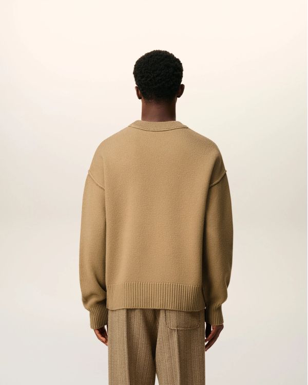 CAMEL/BLACK FELTED MERINO WOOL AMI DE COEUR ROUND NECK SWEATER