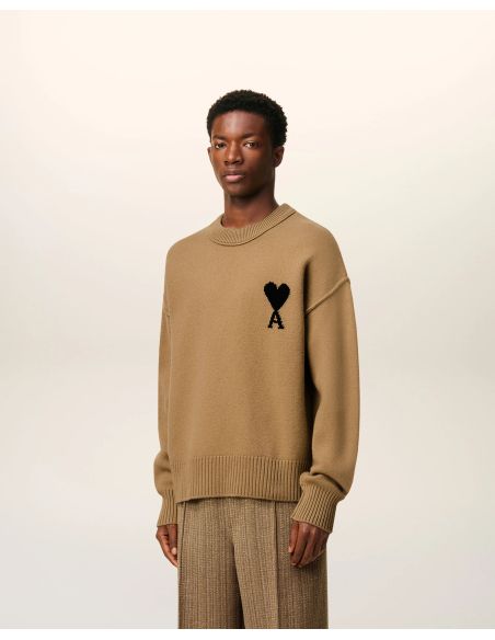 CAMEL/BLACK FELTED MERINO WOOL AMI DE COEUR ROUND NECK SWEATER