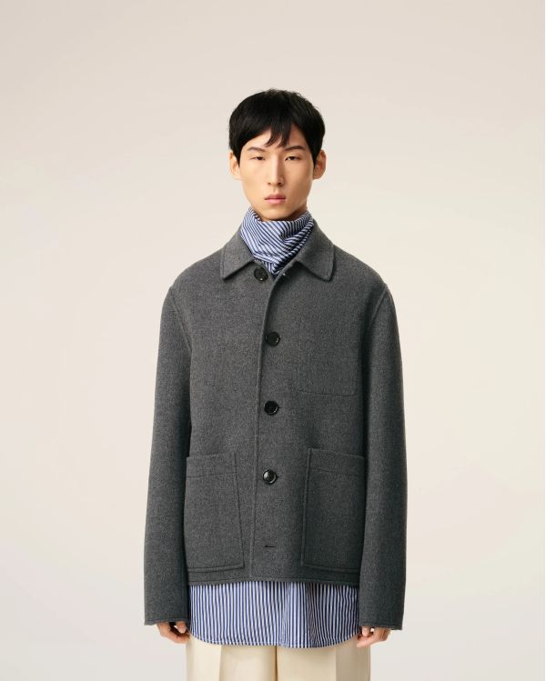 BLOUSON BOULE BOUTONNÉ LAINE CACHEMIRE GRIS CHINÉ