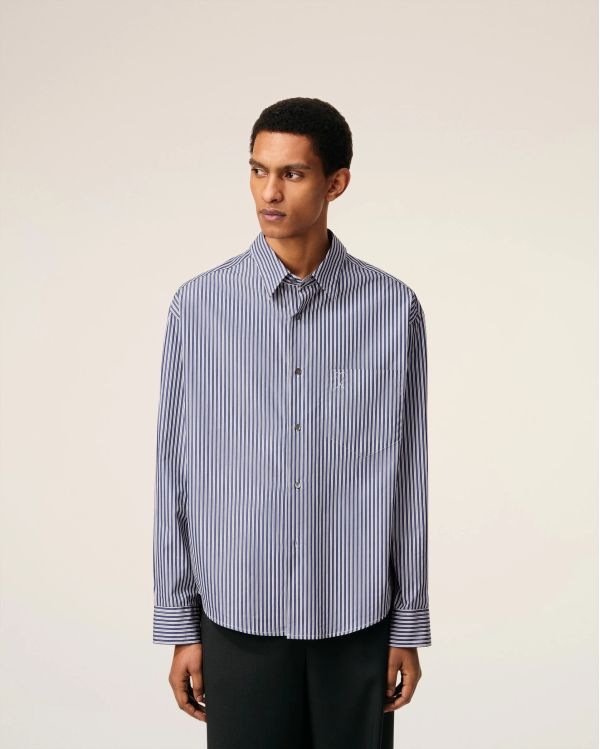 ROYAL BLUE/WHITE/BLACK EMBOSSED STRIPED BOXY SHIRT