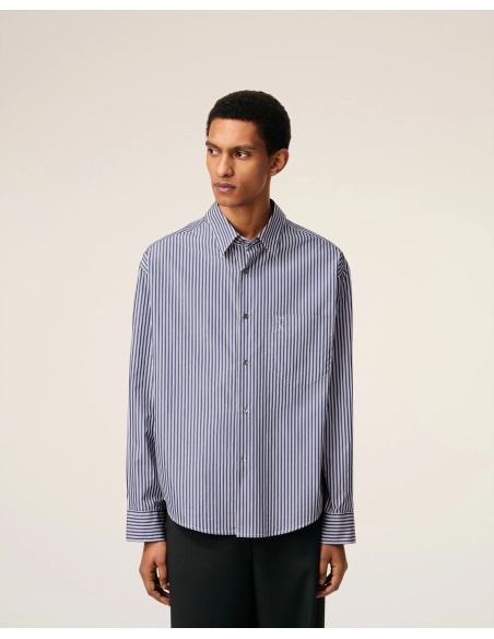 ROYAL BLUE/WHITE/BLACK EMBOSSED STRIPED BOXY SHIRT