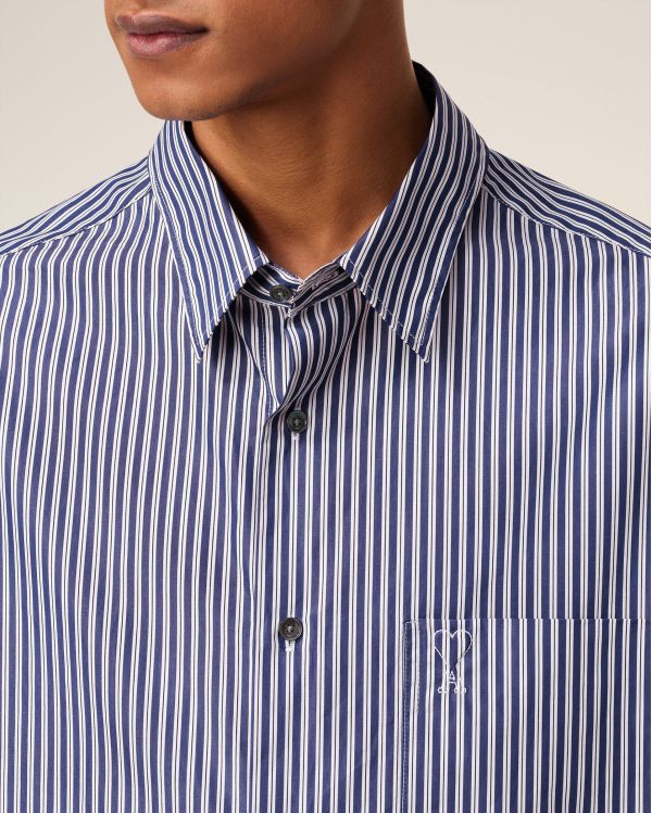 ROYAL BLUE/WHITE/BLACK EMBOSSED STRIPED BOXY SHIRT