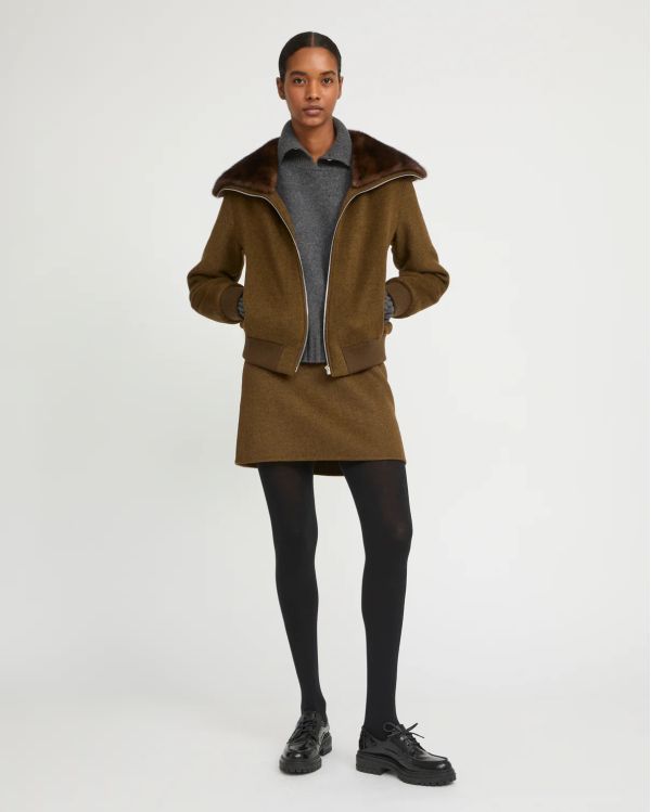 SHORT WOOL JACKET WITH FUR COLLAR BROWN