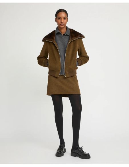 SHORT WOOL JACKET WITH FUR COLLAR BROWN