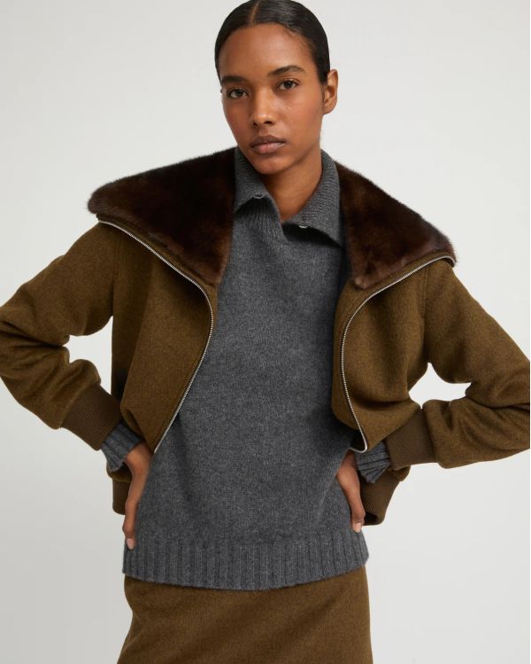 SHORT WOOL JACKET WITH FUR COLLAR BROWN 2