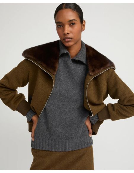BLOUSON COURT EN LAINAGE ET COL FOURRURE MARRON