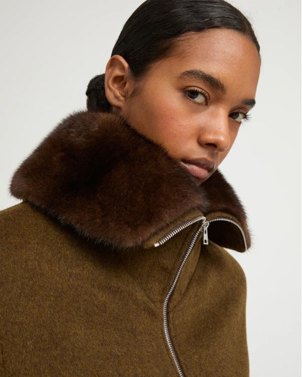SHORT WOOL JACKET WITH FUR COLLAR BROWN