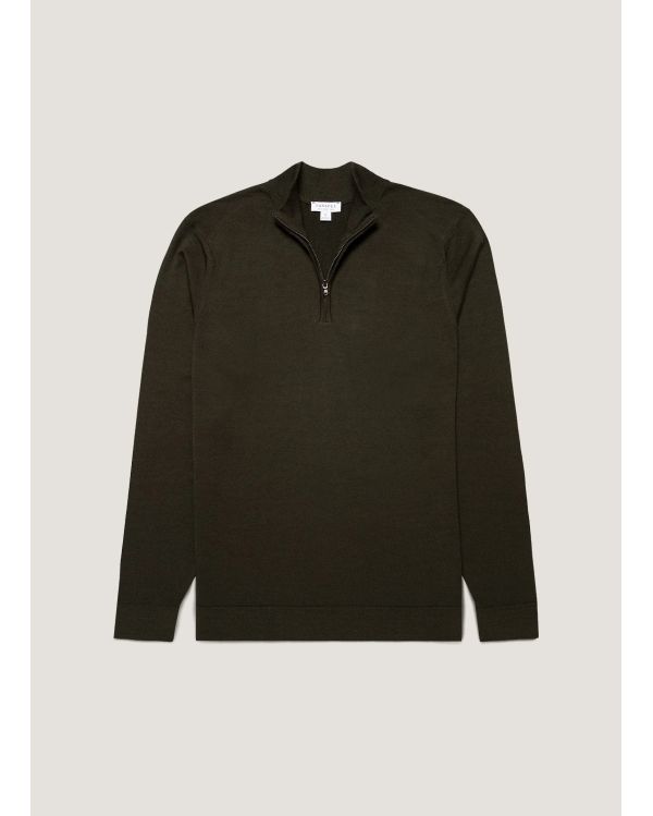MERINO WOOL HALF-ZIP NECK DARK GREEN SWEATER