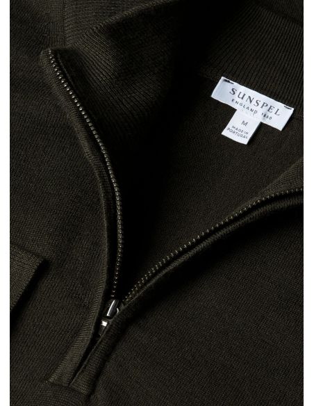 PULL COL DEMI-ZIPPÉ LAINE MÉRINOS VERT FONCÉ