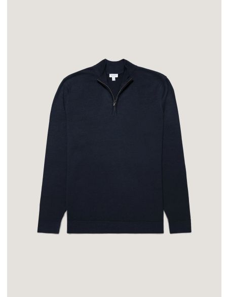 MERINO WOOL HALF-ZIP NECK NAVY BLUE SWEATER