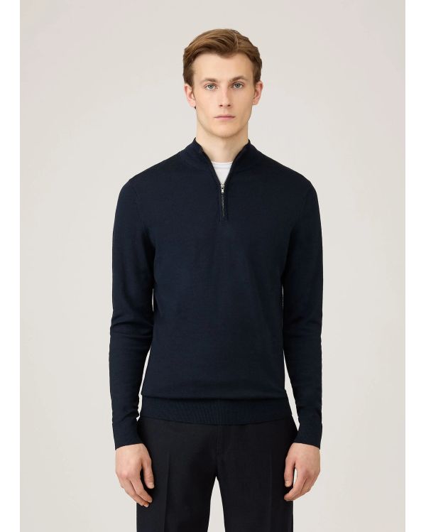 MERINO WOOL HALF-ZIP NECK NAVY BLUE SWEATER