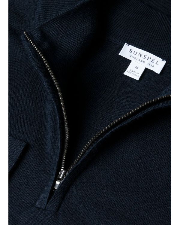PULL COL DEMI-ZIPPÉ LAINE MÉRINOS BLEU MARINE