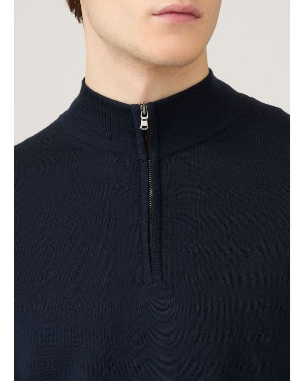 MERINO WOOL HALF-ZIP NECK NAVY BLUE SWEATER