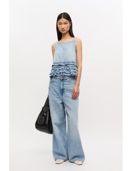 DENIM RUFFLE TOP LIGHT BLUE
