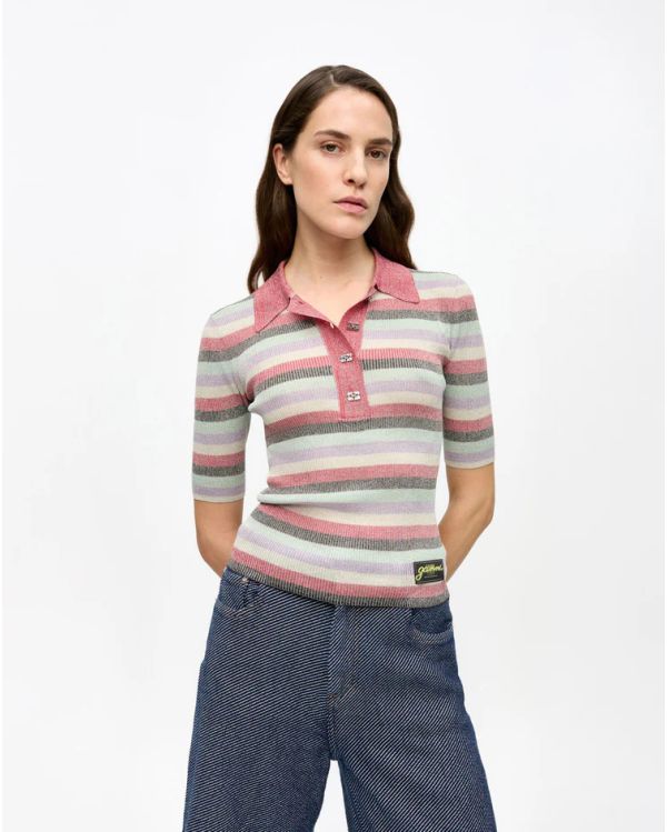 METALLIC STRIPED KNIT POLO SHIRT